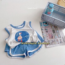 2022 new children summer style pure cotton small duck vest T-shirt male and female blue shorts baby mesh red suit