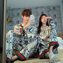 Upscale Couple Sleeping Clothes Spring Autumn Season Silk Home Clothes Long Sleeve Pants Ice Silk Suit Mens Korean version Sleeping winter style