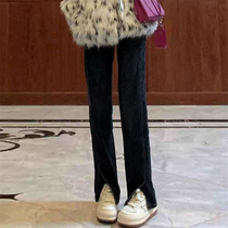 Slit jeans womens small autumn and winter black high-waisted slimming trousers loose mopping high street flared trousers