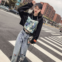 Black hooded sweater women loose autumn 2021 new long sleeve Net red thin super fire cec coat top