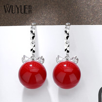 2021 New Tide sterling silver red earrings female temperament imitation pearl earrings short pendant high grade ear jewelry 171