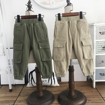 (Childrens products)Korean childrens 19th winter plus velvet thickened elastic large pocket overalls loose casual pants