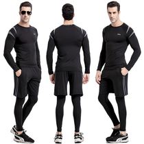 Silk map gym sportswear suit mens training quick-drying tight-fitting black long-sleeved running suit three-piece spring and autumn