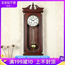 Lisheng clock European style simple solid wood home retro solid wood music time long modern wall clock silent home