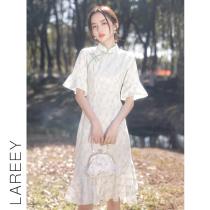 LAREEY2022 Summer New Elegant Temperament Comeback Short Qipao Little Fresher Pure Color Display Slim Style Dress Code Dress