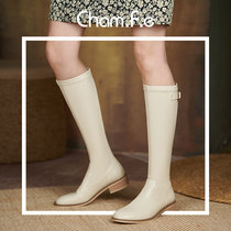 Beige thin stretch boots thick heel high boots children autumn and winter leather low heel no knee boots 268C