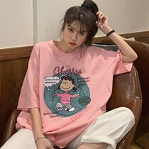 Pink Cartoon Short Sleeve T Shirt Woman Pure Cotton Loose Lower Half Body Missing Half Sleeve T blouses Korean version ins big version of compassion