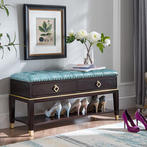 New Chinese solid wood genuine leather changing shoes stool Home Xuanguan Stool Cloakroom Storage stool Multi-functional wearing stool