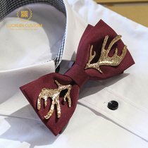 2021 bow tie male Burgundy wine red elk metal horn bow Christmas solid color groom wedding wedding collar flower