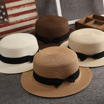 Korean straw hat female summer British retro Flat Top Hipster top hat sunshade sunscreen beach hat travel tide summer