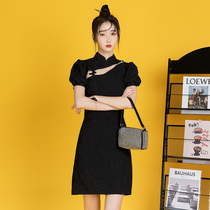 Improved cheongsam 2021 new summer young girl short French hollow hollow country tide small black skirt small man