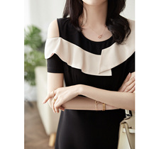 Mularsa Stereo Lotus Leaf Side Single Side Dew Shoulder Dress Dress Woman 2021 Summer temperament Lean Mid-Length Dress