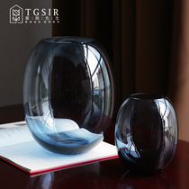 Nordic blue glass vase modern minimalist creative transparent large belly hydroponic plant flower arrangement decoration ornaments