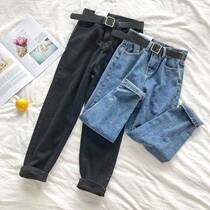 New summer jeans female loose Korean students slim high waist nine small foot pants women wild straight pants