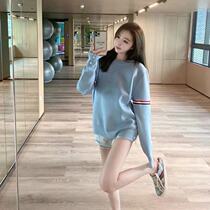 Thom Browne 21 new TB milk blue mens and womens same sweater double armband waffle sweater sweater