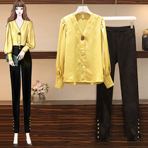 Big woman High-end large size womens clothing 2020 early autumn fat mm Foreign style meat shirt jeans thin two-piece suit