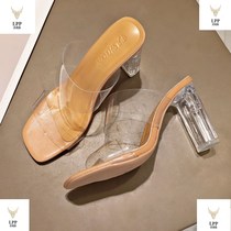 Slippers women wear 2020 new summer crystal net red transparent shoes thick-heeled high-heeled slippers medium-heeled summer