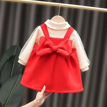 Girl Han Edition Autumn Winter New Plus Suede Cardiovert Brace Dress Two Sets of Birthday Baby Dress Baby Suit