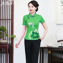 Summer new hand-painted improved cheongsam top short retro linen short-sleeved Tang suit mother outfit large size