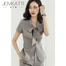 Gray plaid suit suit suit female fashion capable temperament bow collar waist thin hotel manager work clothes