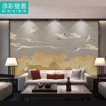 New Chinese style Xiangyun crane Zen wallpaper hotel lobby box background wall cloth seamless whole sofa Wall cloth