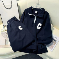 Large size sports suit female waffle fat sister polo Li Ningqi spring and autumn sweater harem pants two-piece tide
