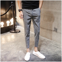Leisure ankle-length pants men summer Korean slim trend 9 points small feet trousers Joker English style mens lattice pants