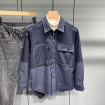 Denim stitched shirt men's long sleeve autumn trend loose casual Joker retro original style work shirt coat