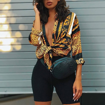 Spring Women Party Loose Button Shirt Leopard Knot Blouse
