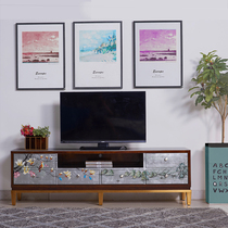 New Chinese style furniture solid wood TV cabinet painted flowers and birds simple living room stainless steel light luxury coffee table video cabinet combination