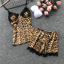 Spring and summer silk suspender shorts pajamas with chest pad gathered lace BAO WEN sexy pajamas womens home suit set