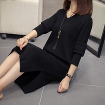 European station v-neck loose sweater large size womens winter thick Foreign style dress medium and long fashion sweater