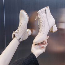 Martin boots children 2021 new autumn and winter boots British style plus velvet Joker heels heels beige