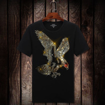 Summer European and American trendy brand social guy plus fat plus size mens fat guy fat short-sleeved T-shirt mens hot diamond half sleeve