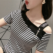 Hong Kong Tide 2021 summer new slim cotton cotton short sleeve T-shirt female striped clavicle half sleeve slip shirt