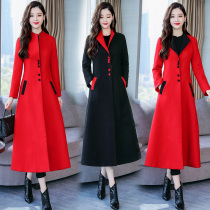 Long woolen coat womens winter clothing 2021 new womens Korean version of waist big red thin over knee woolen coat