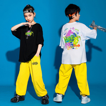 Childrens Street Dance Set Men and Women Summer Short Sleeve Loose T-shirt Children Hip Hop Drum Performance Tide