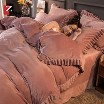 Four-piece set of winter coral flange crystal velvet bedding Double-sided milk velvet sheets plus velvet bed skirt duvet cover
