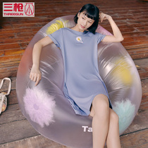 Three Guns Womens Nightdress Cotton Water Soft Cotton Round Neck Sleeves Womens Home Dress Cotton Casual Print Skirt 70256