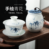 Shu Yan ceramic bowl single household hand-painted blue and white three-up bowl is not hot kung fu tea set tea bowl large