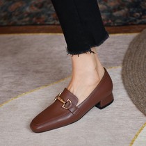 Small leather shoes female English style 2021 new leather retro square head a pedal happy shoes spring and autumn thick heel single shoes