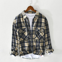 Day Ensemble Retro Tooling Grit Long Sleeve Shirt Man Spring Autumn Season New Pure Cotton Plaid Shirt Jacket Jacket Casual Blouse