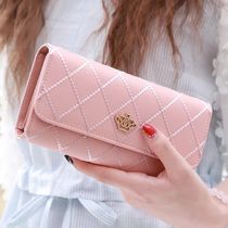 New womens wallet long three-fold bag Korean version of large capacity womens clutch fashion Lingge metal crown wallet