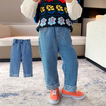 Girls jeans autumn 2021 new children Spring and Autumn foreign style flanging female baby straight pants casual long pants