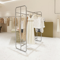 Clothing store display rack womens clothing store double-row middle island rack floor-standing hanger stainless steel silver shelf display rack