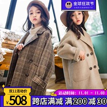 Childrens double-sided cashmere coat autumn and winter Korean version of long style Foreign style plaid wool big girl suit jacket