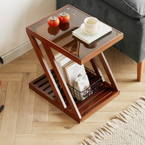Light luxury sofa side cabinet simple glass mini coffee table bedroom solid wood small square table living room square corner