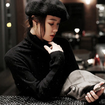 Japanese wild fashion bright low-key woven sequin high-neck V-neck long-sleeved full wool sweater sweater autumn women
