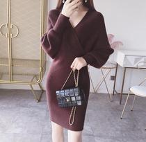 Spring and Autumn New Womens Sweater Korean V-neck Long Sweater Dress Sexy Belt Wear Bat Sleeve Womens Sweater