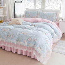 Full cotton pastoral small flower bed skirt four-piece princess style lace quilt cover cotton ruffle bedding